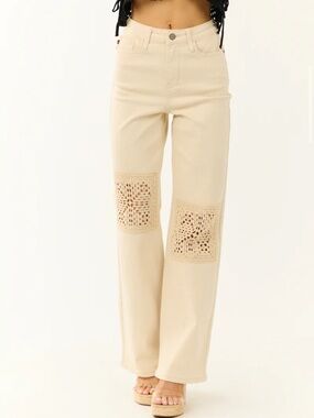 JUDY BLUE High Rise Vanilla Cream Crochet Patch Wide Leg Jeans.